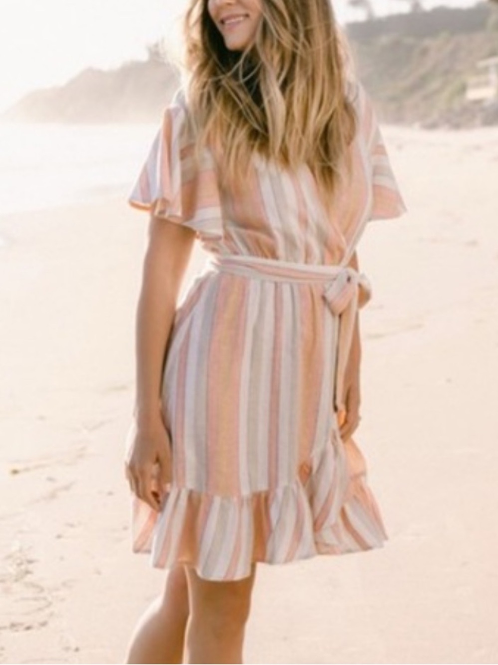 LC Lauren Conrad Linen Pastel Striped Faux Wrap Dress